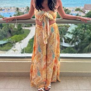 Wanderlust Soul Satin Printed Front Tie Top and Wide Leg Pants